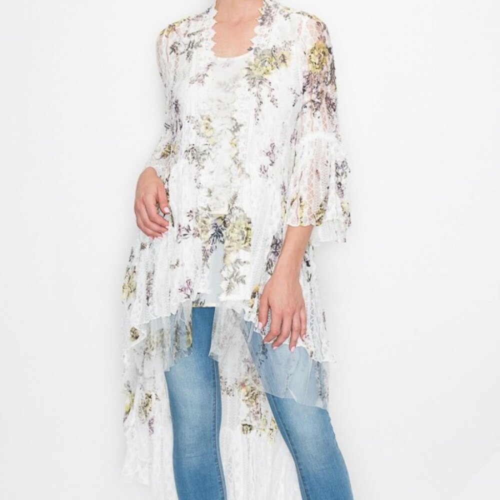 NEW ORIGAMI DESIGNER  FLORAL LACE white SM-4X bohemian western duster cardigan